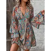 Women's Mini Dress Petite Dress Casual Dress Swing Dress A Line Dress Boho Dress Bohemia Vintage Casual Daily Regular Fit Floral Paisley Long Sleeve V Neck Red