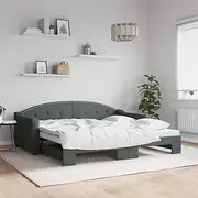 Dark Grey Daybed with Trundle, Modern Bed Frame for Guests, Solid Wood and Metal Sleeper Bed (Mattress Not Included) - 90x190 cm