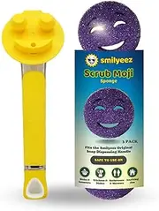 The Original Smiling Sponge Handle Soap Dispensing Handle by Smilyeez - (Yellow) & 3 Purple Scrub Moji Sponges