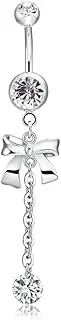 [Niaspi] 14G Bowknot Long Tassel Dangle Belly Button Rings for Women 316L Surgical Steel Navel Barbell Ring Dainty Body Piercing Jewelry 3/8" 10mm