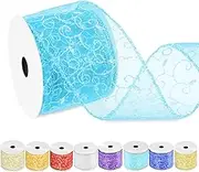 Swpeet 2-1/2 Inch × 10 Yard Lake Blue Swirl Glitter Wired Ribbon, Organza Sheer Ribbon with Gold Metallic Edge, Glitter Swirls Wired Ribbon, Christmas Wired Ribbon for Tree Decoration Wrapping Gifts Craft
