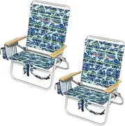 [Tommy Bahama] 2-Pack 4-Position Extended 12.8" seat Height Easy in-Easy Out Folding Backpack Beach Chair, Blue Tropical Leaves