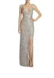 Aidan by Aidan Mattox Womens Beige Sequined Evening Dress Gown 10
