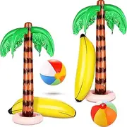 meekoo 6 Pieces Inflatable Palm Trees Jumbo Coconut Trees Colorful Beach Balls Rainbow Color Balls Beach Inflatable Bananas for Hawaii Beach Luau Party Backdrop Decoration