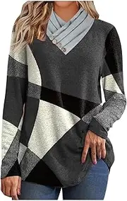 [KEGIRLOM] Womens Color Block Blouses 2024 Vintage Ethnic Geometric Print Tshirt Casual Loose Patchwork Long Sleeve Sweatshirt