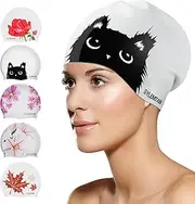 Swim Cap Women, Silicone Swimming Caps for Long Hair Anti Slip Waterproof Swim Caps for Womens Adult, Comfortable Bathing Cap Swimming Hats Fit for Curly Short Medium Long Thick Hairs