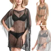 Women Batwing Sleeve Bikini Cover Up Shiny Metallic Tassel Mesh Net Beach Dress
