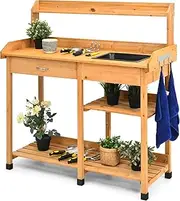 Giantex Garden Potting Bench Table, Wooden Potting Work Table w/Open Shelves, Hooks, Removable Sink & Drawer, Outdoor Flower Pot Bench for Garden Yard Balcony, Fir Wood Structure (Natural)