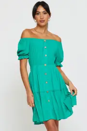 Green Mini Dress Off Shoulder Linen - Size 10, Women's Skater Dress