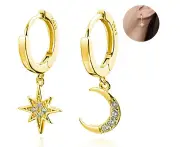 Dangle Small Hoop Earrings for Women Girls Sterling Silver with Charms - Gold
