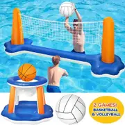 Inflatable Pool Float Set Volleyball Net Basketball Hoops Floating Swimming Family Party Games Floaty Court Christmas Gifts