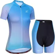 [LMKIJNB] Womens Cycling Jersey Shorts Sleeve Set Bicycle Clothing Sportswear Biking Suit Tights Spring Autumn Moisture Wicking Quick-Dry UV Protection 3D Gel Padded MTB Outdoor Windproof CV32,Blue,M