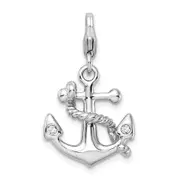 Sterling Silver Amore La Vita Rhodium-Plated Polished 3-D Enameled Swarovski Crystal Anchor Charm With Fancy Lobster Clasp