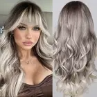 Ombre Gray Wigs for Women 26 IN Long Wavy Wig With Bangs Gray Blonde Wig Synt...