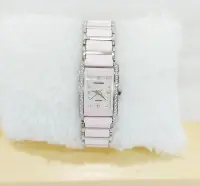 在飛比找Yahoo!奇摩拍賣優惠-＊迪奧小店＊日本Tivolina水晶鑲邊粉陶瓷銀邊長方型手錶