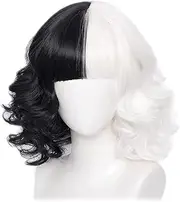 Cruella Wig Black and White Wigs for Cruella Deville Costume Women Short Curly Wavy Hair Wig with Bangs for Party Costume