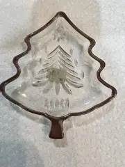 Vintage Mikasa Clear Crystal Christmas Tree Trinket Candy/Nut Dish Gold trim