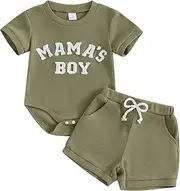 [Douhoow] Baby Boy Summer Outfits Short Sleeve Mamas Boy Little Dude Embroidery Boy Romper Shorts Set Infant Waffle Clothes