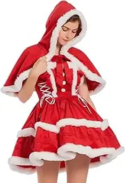 [Generic] Velvet Christmas Dress, Red Warm Costume Outfit with Cloak, Women Dresses Outfit with Skirt and Hooded Cloak for Men, Women, Friends