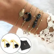 Boxed Bohemian Multi Layered Charm Bead Bracelet and Drop Earrings Set - Black