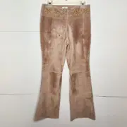 NWT Cache Dune Leather Pants Womens Size 8 Tan Brown Bootcut Flare Beaded Floral