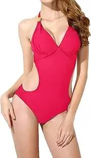 [Generic] Women One Piece Bathing Suit Sexy Slimming Lace Up Halter Neck Swimsuits Tummy Control Metal Buckle Deep V Neck Bikini