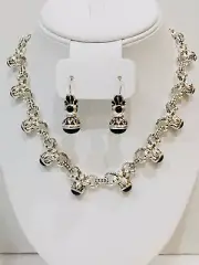 Vintage Byzantine Black Lucite Cabochon Necklace 16” Leverback Earring Set