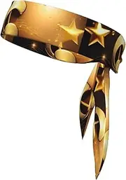[HVTTIOR] Gold Musical Note with Fallen Shiny Star Print Multifunctional Sweat Wicking Sports Head Tie Headband for Tennis Basketball Karate