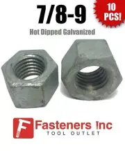 (Qty 10) 7/8-9 Low Carbon Grade 2 Finished Hex Nuts Hot Dipped Galvanized