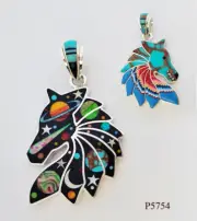 PERFECT CELESTIAL MULTICOLOR TURQUOISE ONYX OPAL INLAY .925 SILVER HORSE PENDANT