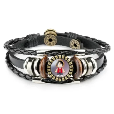 One Piece Anime Luffy Bracelet Cartoon Action Figure Toy Vintage Cowhide Black K