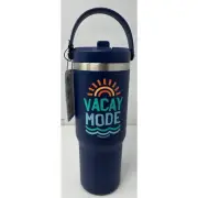 Life is Good Nomad Coffee Drink Tumbler VACAY MODE Water Bottle Straw Navy Blue