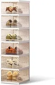 6 Tier Shoe Oragnizer Storage Box, Collapsible Stackable Shoe Rack Organizer with Clear Door, Portable Shoe Cabinet for Closet Shoe Shelf Cabinet with Lids Sneaker Container (White)