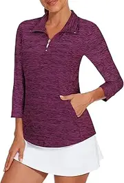 [Viracy] 3/4 Sleeve Womens Golf Shirts Quick Dry Quarter Zip Workout Tennis Polo Tops with Pocket