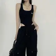 Plain Contrast Trim Cropped Zip Jacket / Lettering Bodysuit Top / Mid Waist Plain Wide Leg Cargo Pants Pants - Black - XL