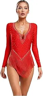 [RUNQHUI] Women's Long Sleeve Dance Leotard Glittery Rhinestones Fringe Outfit V-Neck Backless Bodysuit Dancewear