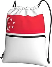 EdWal Singapore Flag Print Drawstring Backpack Gym Bags Sports Bags With Zipper Pocket For Travel Beach, Black, One Size