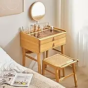 Wooden Makeup Desk with Stool Dressing Table with Mirror Vanity Makeup Table with Drawers Makeup Table with Lots Storage Glass Top Vanity for Dressing Room Women Girls Living Room