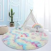 Round Rainbow Rug for Girls Kids Bedroom Rugs Circular Fluffy Carpet Princess Castle Furry Area Children's Rug Room Decor,Multi,120cmx120cm