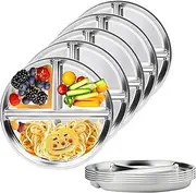 ZCOINS 5 Pack 9" Divided Stainless Steel Plates for Kids Adults, Portion Control Plates with 3 Compartment, Metal Steel Divided Dinner Dishes, Unbreakable Food Trays with Dividers for Camping