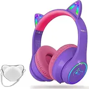 LOBKIN Bluetooth 5.4 Kids Headphones with Case - RGB LED Light Up Cat Ears Foldable Adjustable On-Ear Headset Support Wireless or 3.5mm Wired Mode for Toddler & Girls & Boys Teens (Purple Pink)