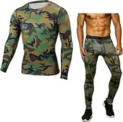 [Abigprofit] Men Training Running Sport Compression Set Sports Suits Jogging Training Suit Army Green 1-1 L