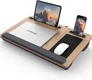 Potuopy Lap Desk - Up to 17” Laptop with Wrist Rest, Portable Handle, Fixed Mouse Pad, Tablet & Phone Slots, Laptop Stand for Bed with Cushion (Dark Brown Woodgrain)