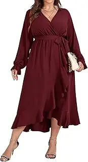 [SCOMCHIC] Women Plus Size Maxi Dress Long Sleeve Wrap V Neck High Low Split Ruffle Long Dress with Belt