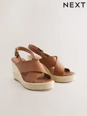 Tan Brown Standard/Wide Fit Forever Comfort® Leather Round Toe Cross-Over Slingback Platform Wedges (AT7945) | $92