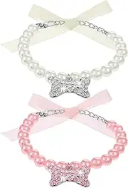 Qianyu 2 Pcs Dog Cat Pearl Collar Necklace with Rhinestone Bone Cute Pet Fancy Cat Wedding Collar Jewelry with Crystal Bling Rhinestone for Puppy Kitten Party Wedding Birthday (S)