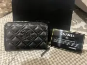 Brand New Chanel Black Caviar Diamond Quilted Leather Compact Zippy Wallet