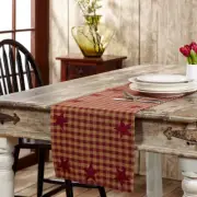 New Primitive Homespun APPLIQUED STARS Red Tan Check Table Runner 72"