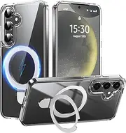 [ROUMAYMAY] Magnetic Case for Samsung S25/S24 Clear with Ring Holder Foldable Stand Metal Kickstand [Compatible with Magsafe], Slim Transparent Protective Phone Cover for Samsung S24/S25, Crystal Clear