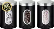 3PC Kitchen Canister Set with Lids & Viewing Window for Tea Coffee Sugar - Black
